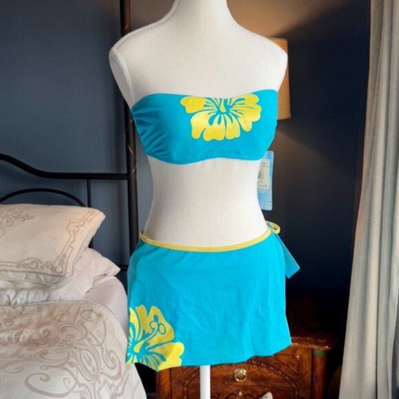 NWT Late 90s Vintage Y2K Aqua and Yellow String Bikini With Skirt - Picture 3 of 12